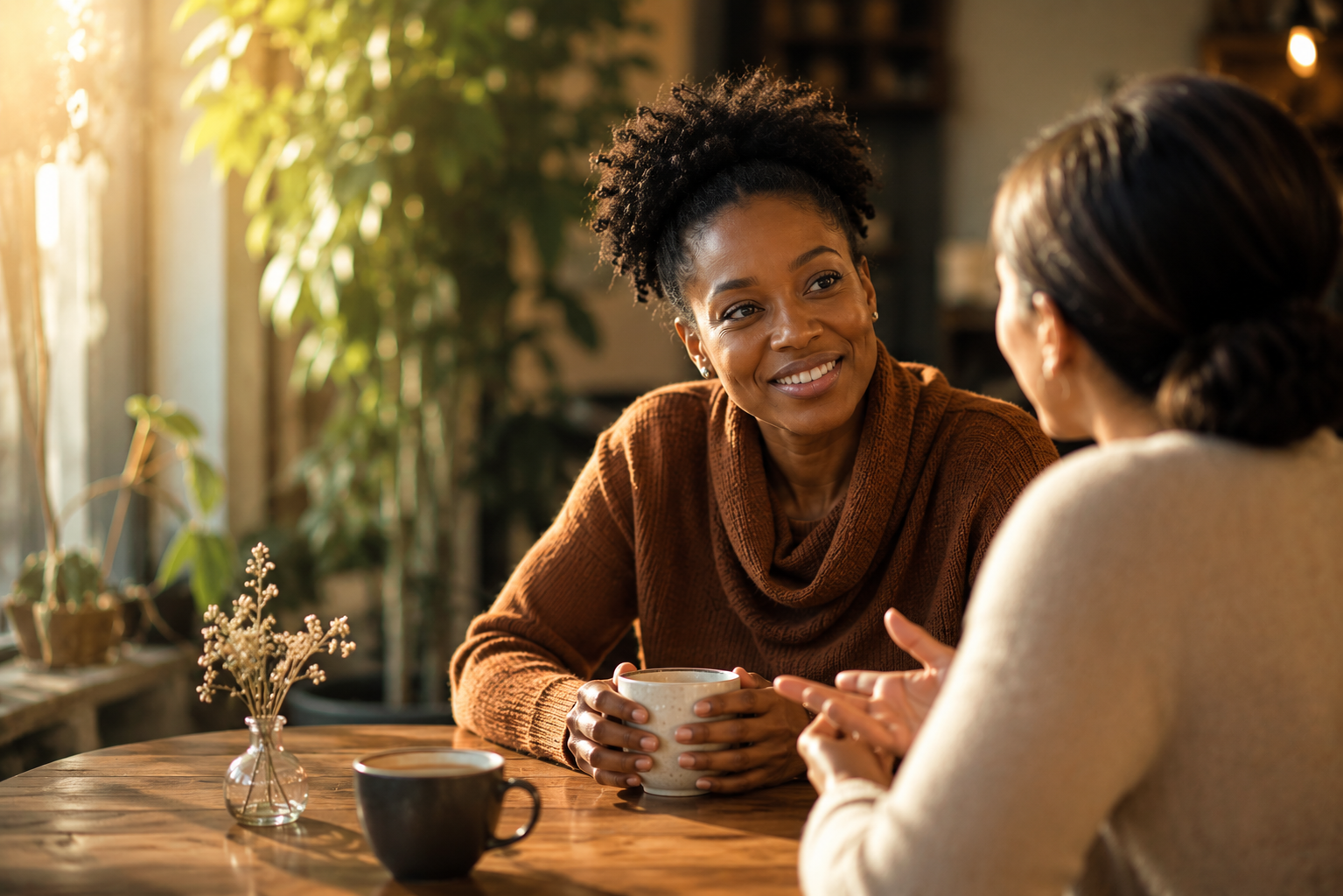Cosy café conversation in soft light